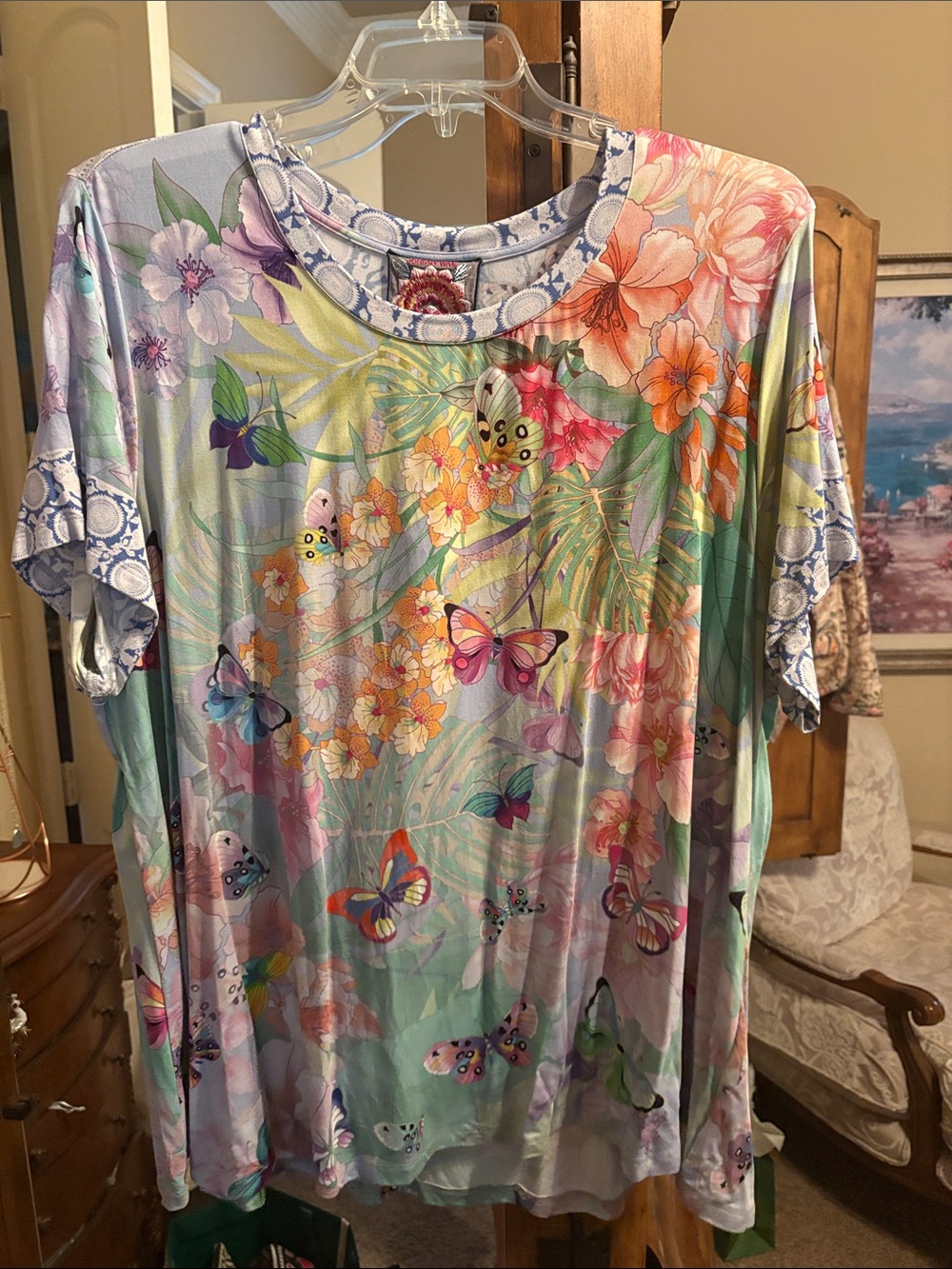 Johnny Was Multicolor Floral & Butterfly Short Sleeve Tee